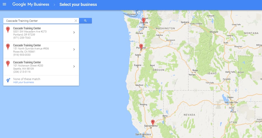Cascade Training Locations in Google My Business